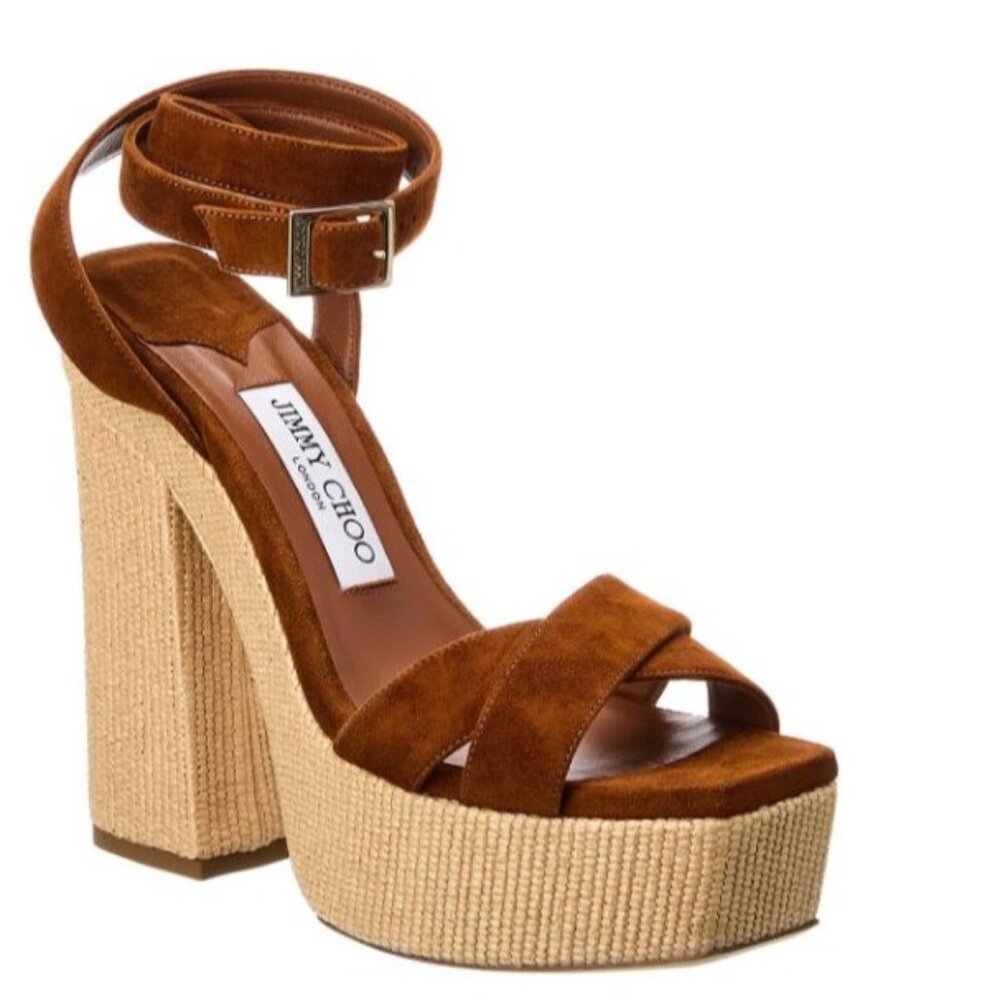 NEW Jimmy Choo Gaia 140mm Sandals Brown Suede Luxury Designer Womens 10 Rich Mom